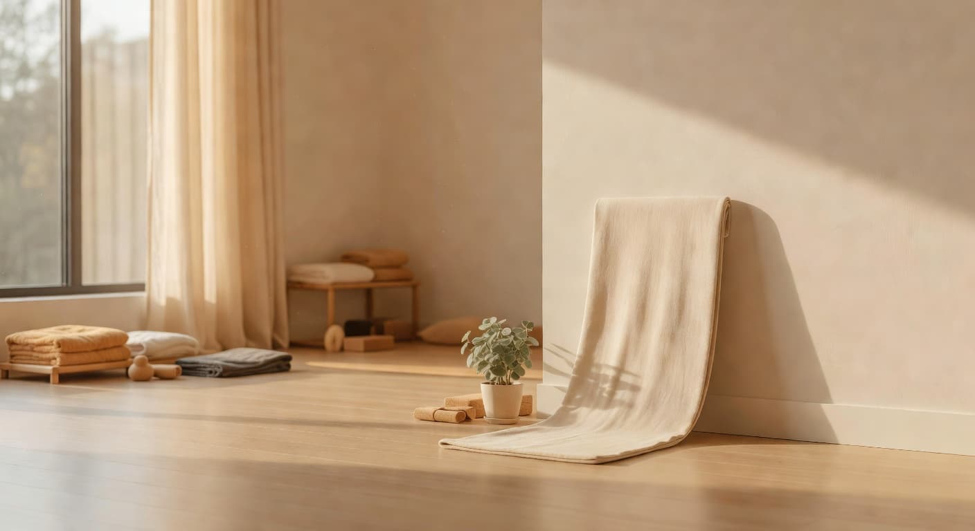 A yoga studio in warm morning light with a folded mat leaning against the wall